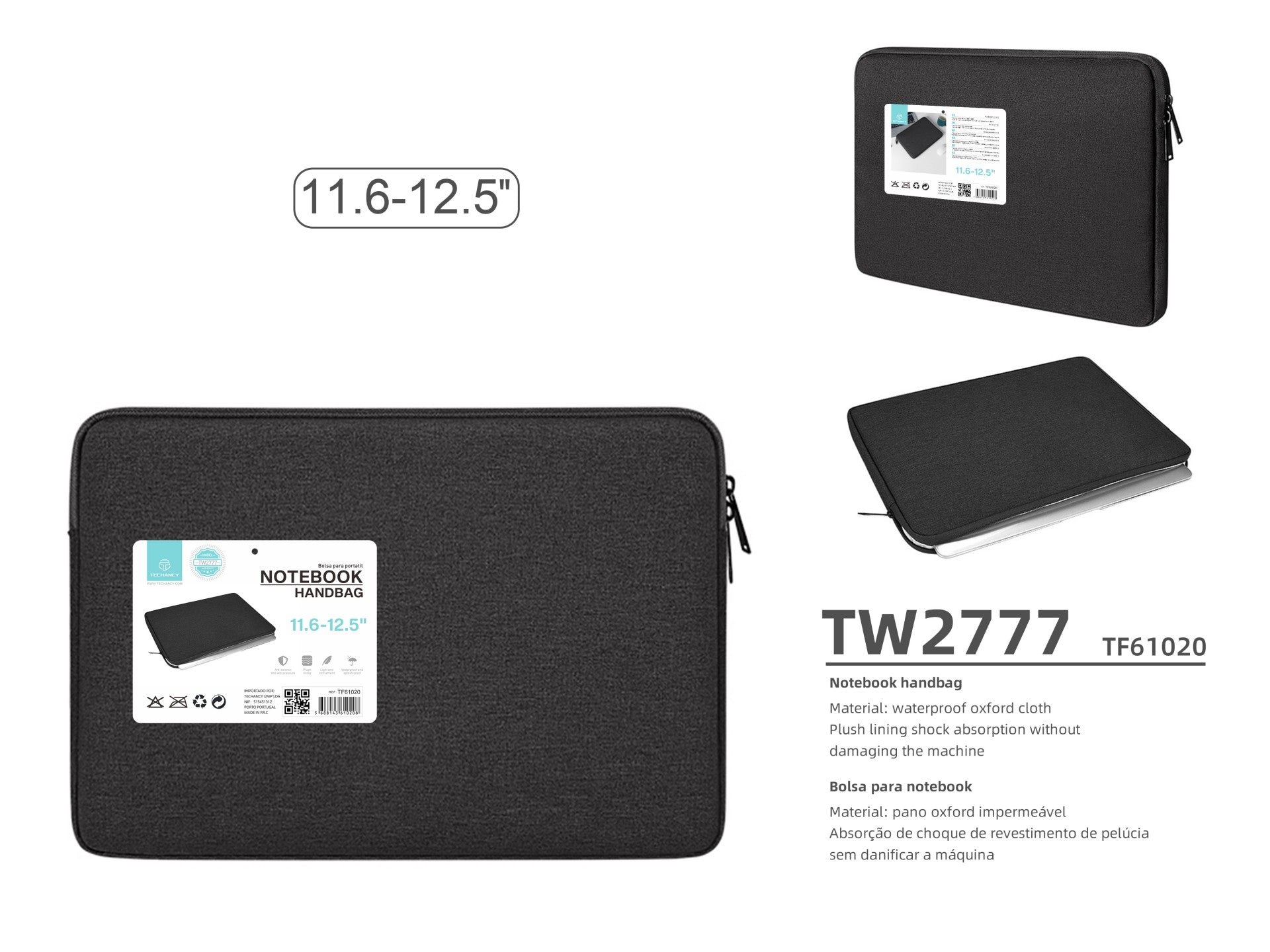 Mala para computador portátil Techancy TW2777, Preto, 11,6/12,5 polegadas, mala para tablet