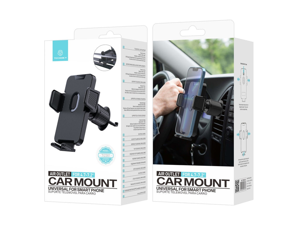 Techancy Suporte Para Telemóvel De Carro Ti2301, Preto, Encaixe Em Saída De Ar, Para Dispositivos 4.7-7.2”, 360° Rotativo