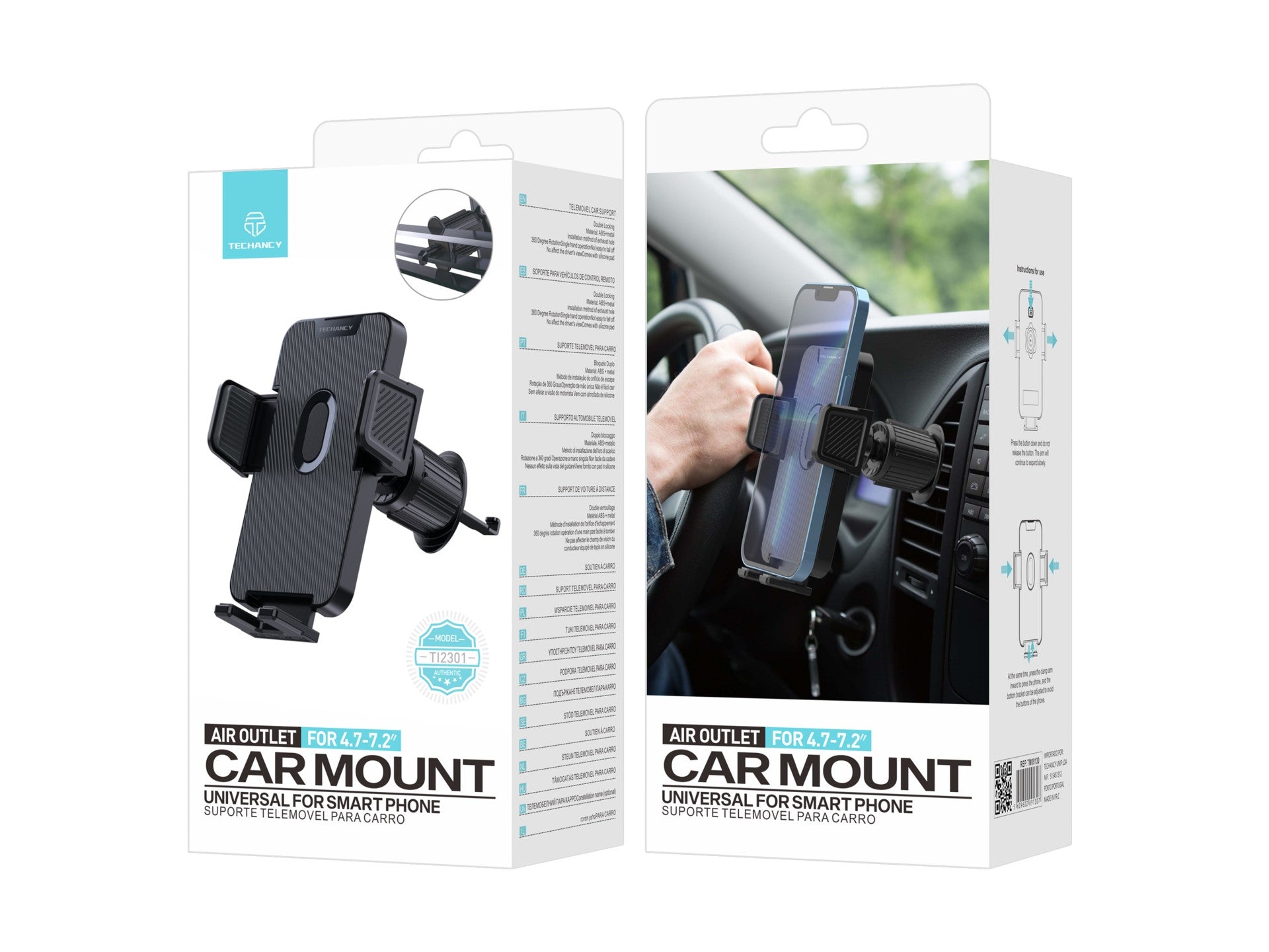 Techancy Suporte Para Telemóvel De Carro Ti2301, Preto, Encaixe Em Saída De Ar, Para Dispositivos 4.7-7.2”, 360° Rotativo