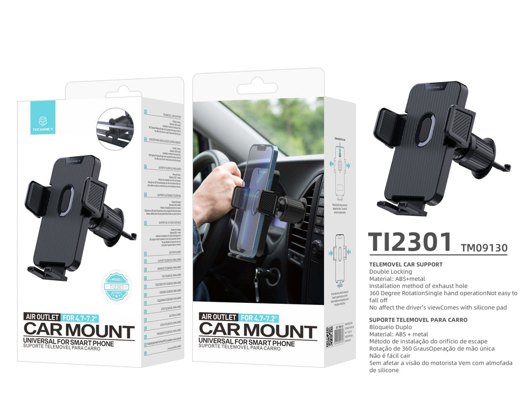 Techancy Suporte Para Telemóvel De Carro Ti2301, Preto, Encaixe Em Saída De Ar, Para Dispositivos 4.7-7.2”, 360° Rotativo
