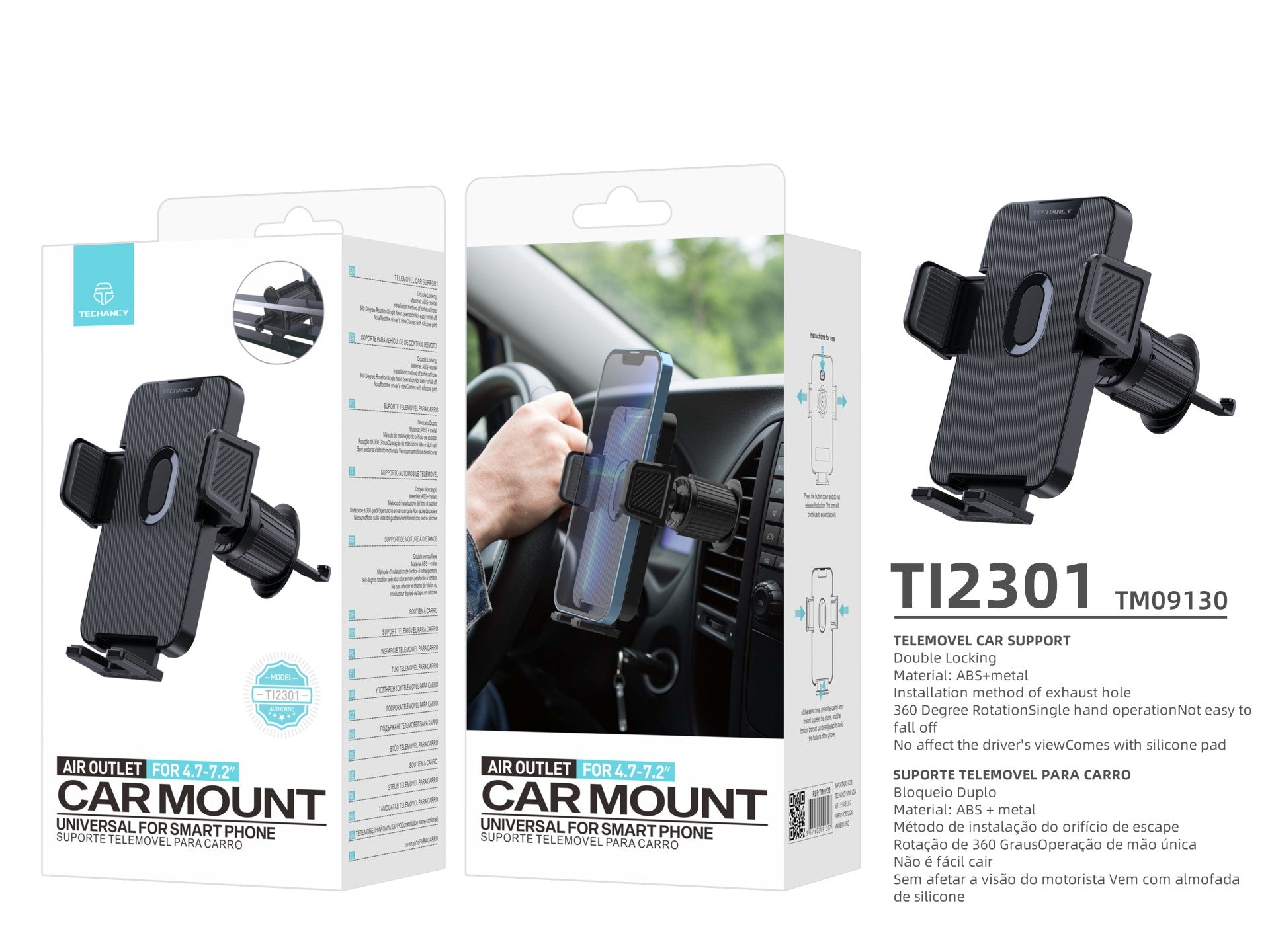 Techancy Suporte Para Telemóvel De Carro Ti2301, Preto, Encaixe Em Saída De Ar, Para Dispositivos 4.7-7.2”, 360° Rotativo