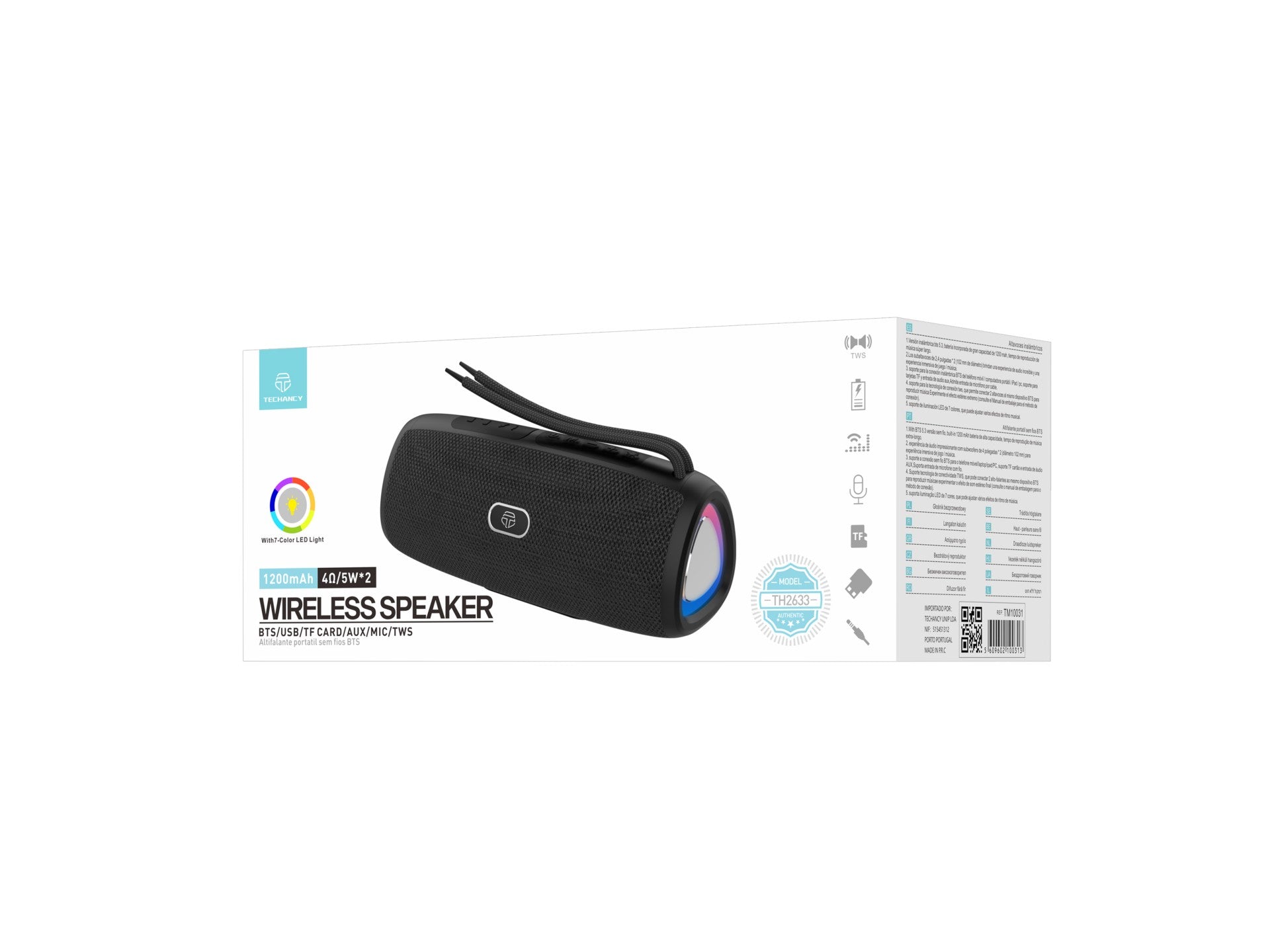 Techancy Altifalante Sem Fios Bluetooth Versão 5.3TH2633, Suporte TWS/TF/AUX, Luz Ambiente Led Rgb De 7 Cores